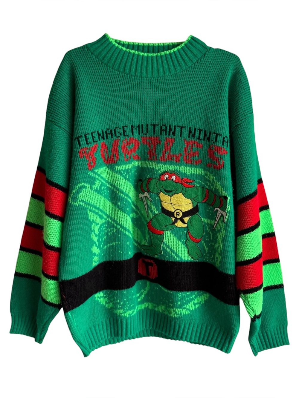 1990 Teenage Mutant Ninja Turtles Sweater Youth XL Green Raphael TMNT Knit USA